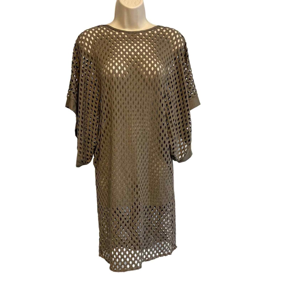 Olive Green Laser Cut Mesh Tunic Dress Dolman Sleeve Perforated Coverup